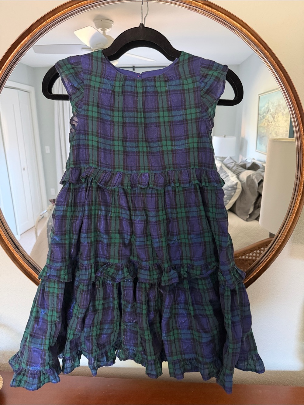 Girls Blue & Green Plaid Ruffle Dress